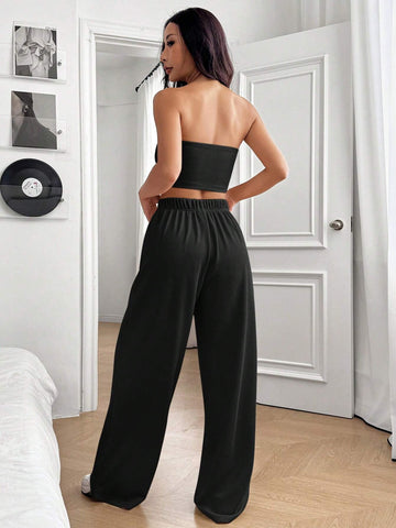 Women's New Solid Color Tube Top And Elastic Waist Long Pants 2-Piece Set