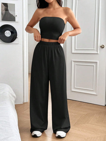 Women's New Solid Color Tube Top And Elastic Waist Long Pants 2-Piece Set