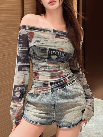 Women's Newspaper Print One-Shoulder Ruffle Trim T-Shirt