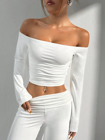 Women's Off Shoulder Solid Color Long Sleeve Cropped T-Shirt And Pants Casual 2-Piece Set, Spring/Summer