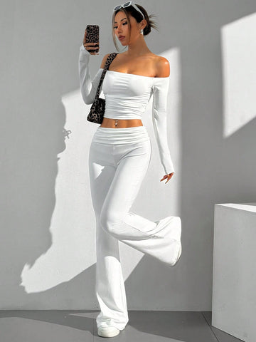 Women's Off Shoulder Solid Color Long Sleeve Cropped T-Shirt And Pants Casual 2-Piece Set, Spring/Summer