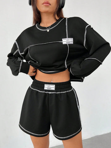 Women's Patch Detail Sweatshirt And Shorts Set With Decorative Stitching