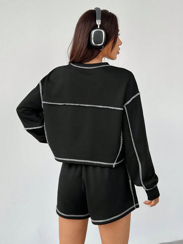 Women's Patch Detail Sweatshirt And Shorts Set With Decorative Stitching