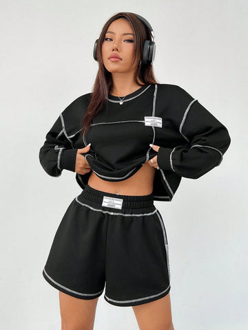 Women's Patch Detail Sweatshirt And Shorts Set With Decorative Stitching