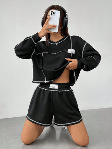 Women's Patch Detail Sweatshirt And Shorts Set With Decorative Stitching