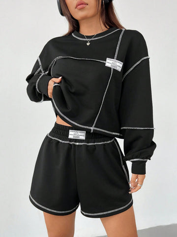 Women's Patch Detail Sweatshirt And Shorts Set With Decorative Stitching
