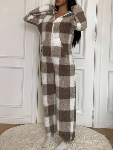 Women's Plaid Long Sleeve Zip-Up Half Placket Fleece Hooded Jumpsuit, Autumn/Winter