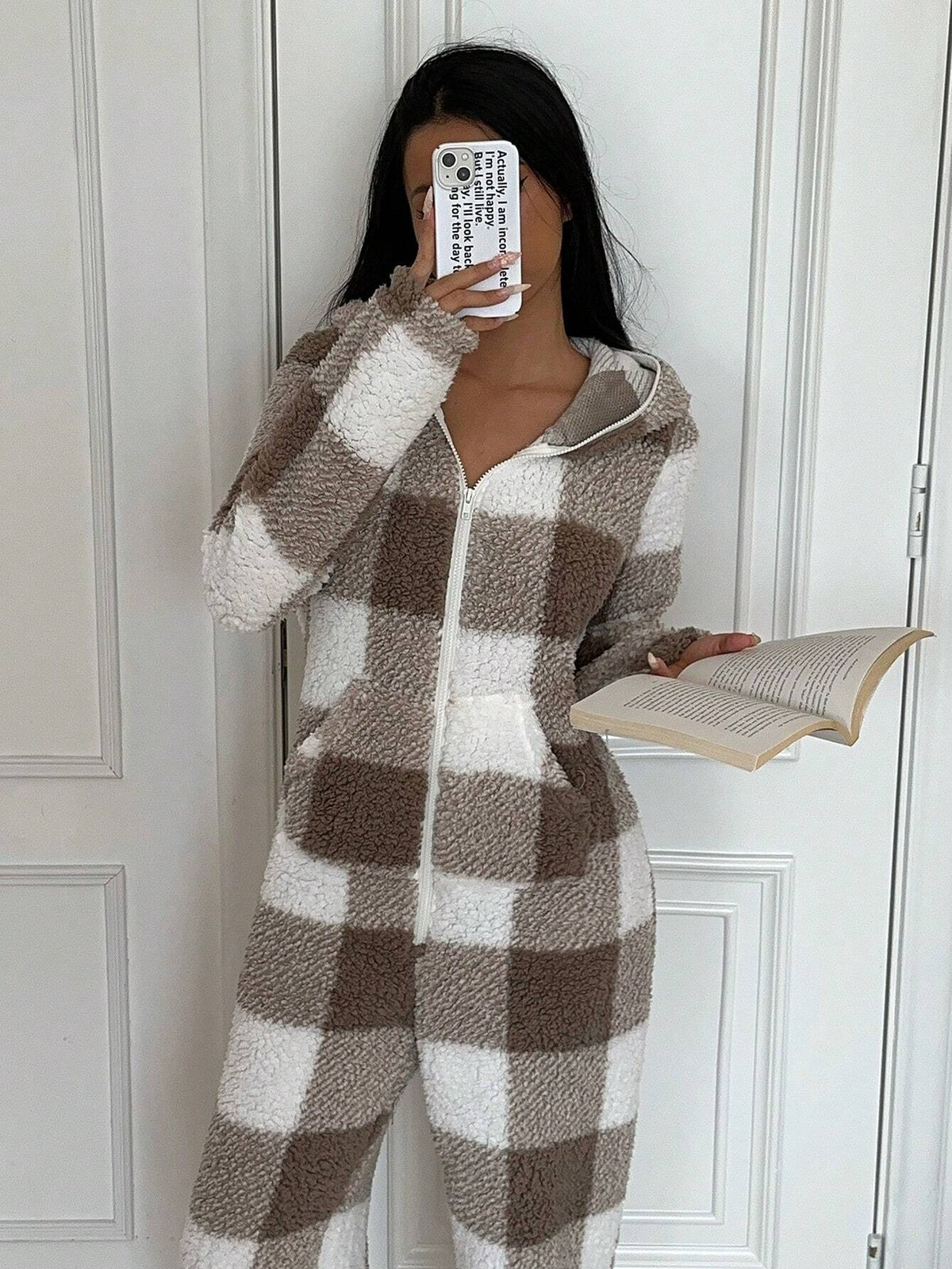 Women's Plaid Long Sleeve Zip-Up Half Placket Fleece Hooded Jumpsuit, Autumn/Winter