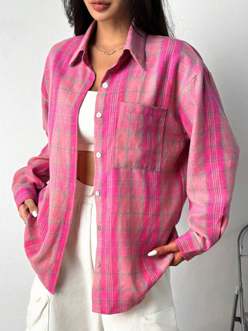 EZwear Women's Plaid Woven Drop Shoulder Long Sleeve Pocket Casual Shirt, Spring Autumn