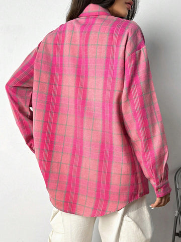 EZwear Women's Plaid Woven Drop Shoulder Long Sleeve Pocket Casual Shirt, Spring Autumn