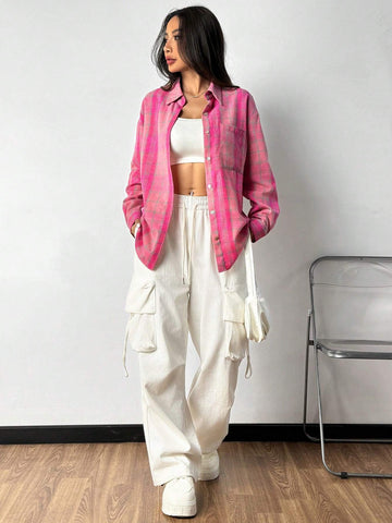 EZwear Women's Plaid Woven Drop Shoulder Long Sleeve Pocket Casual Shirt, Spring Autumn