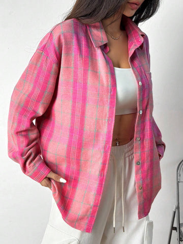 EZwear Women's Plaid Woven Drop Shoulder Long Sleeve Pocket Casual Shirt, Spring Autumn