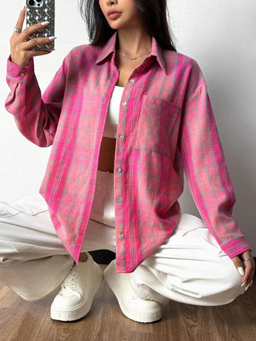 EZwear Women's Plaid Woven Drop Shoulder Long Sleeve Pocket Casual Shirt, Spring Autumn