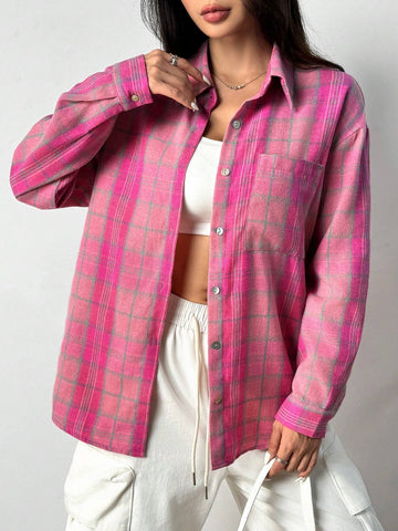 EZwear Women's Plaid Woven Drop Shoulder Long Sleeve Pocket Casual Shirt, Spring Autumn