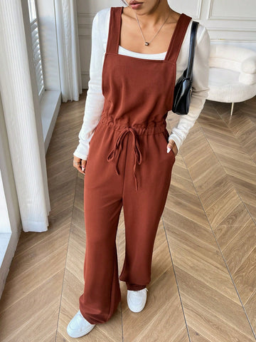 Women's Plain Color Waist Tied Pocket Casual Jumpsuit With Straps