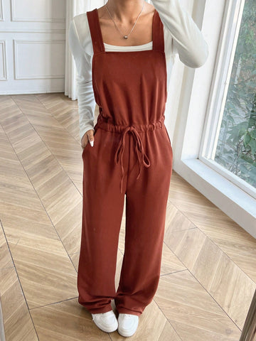 Women's Plain Color Waist Tied Pocket Casual Jumpsuit With Straps