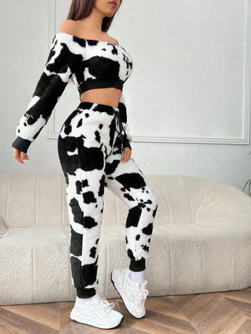 Women's Plush Cow Printed Off Shoulder Top And Joggers Set