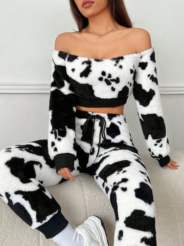 Women's Plush Cow Printed Off Shoulder Top And Joggers Set