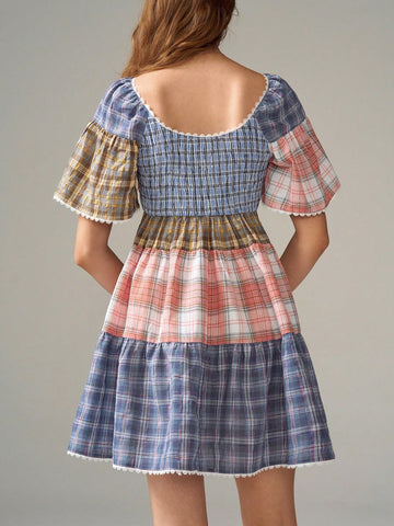 Women's Retro Chic U-Neck Plaid & Lace Patchwork Ruffle Hem Loose Mini Dress