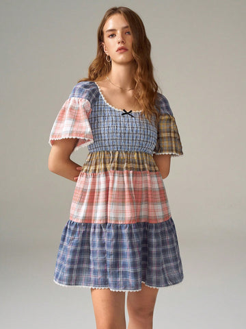 Women's Retro Chic U-Neck Plaid & Lace Patchwork Ruffle Hem Loose Mini Dress