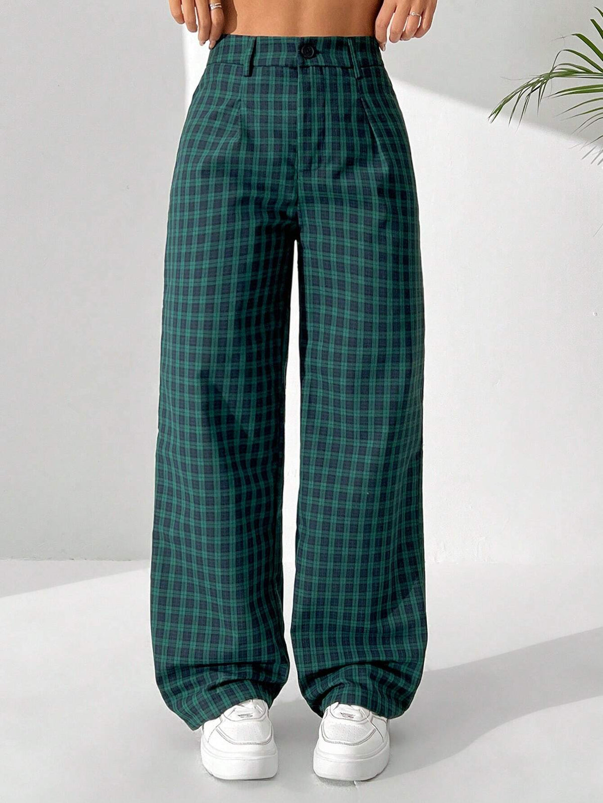 EZwear Women's Retro Plaid Printed Casual Straight-Legged Long Pants