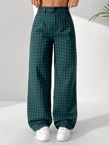 EZwear Women's Retro Plaid Printed Casual Straight-Legged Long Pants