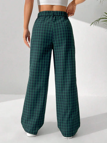 EZwear Women's Retro Plaid Printed Casual Straight-Legged Long Pants