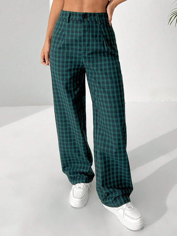 EZwear Women's Retro Plaid Printed Casual Straight-Legged Long Pants