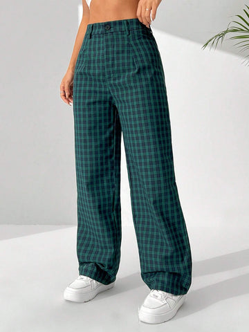 EZwear Women's Retro Plaid Printed Casual Straight-Legged Long Pants