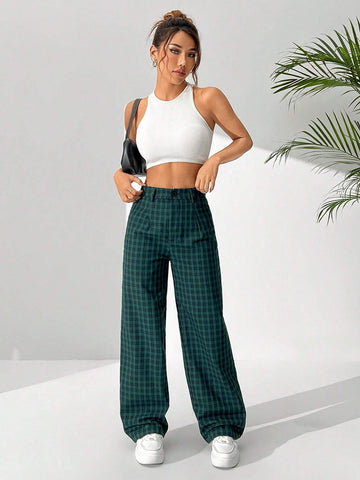 EZwear Women's Retro Plaid Printed Casual Straight-Legged Long Pants