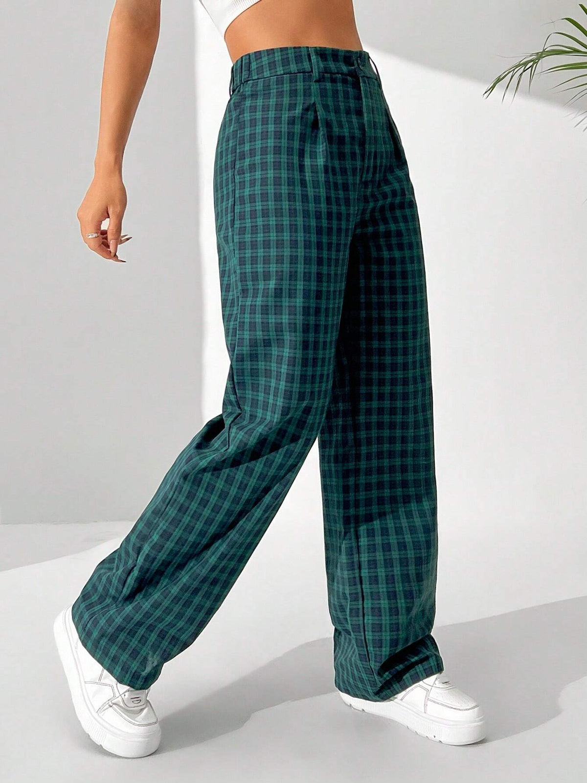 EZwear Women's Retro Plaid Printed Casual Straight-Legged Long Pants