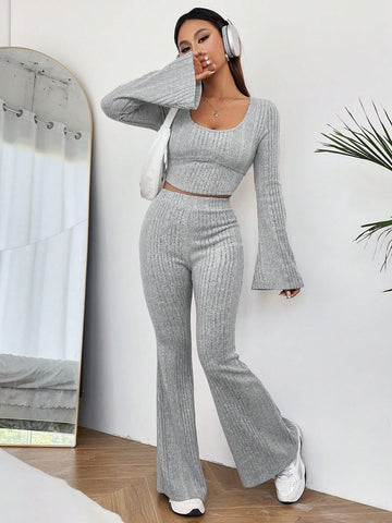 Women's Ribbed Flare Sleeve T-shirt And Flared Pants Set