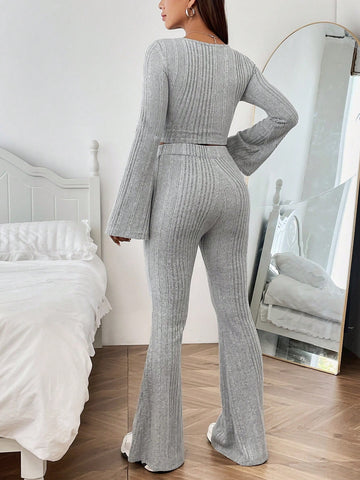Women's Ribbed Flare Sleeve T-shirt And Flared Pants Set
