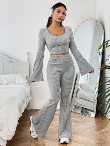 Women's Ribbed Flare Sleeve T-shirt And Flared Pants Set