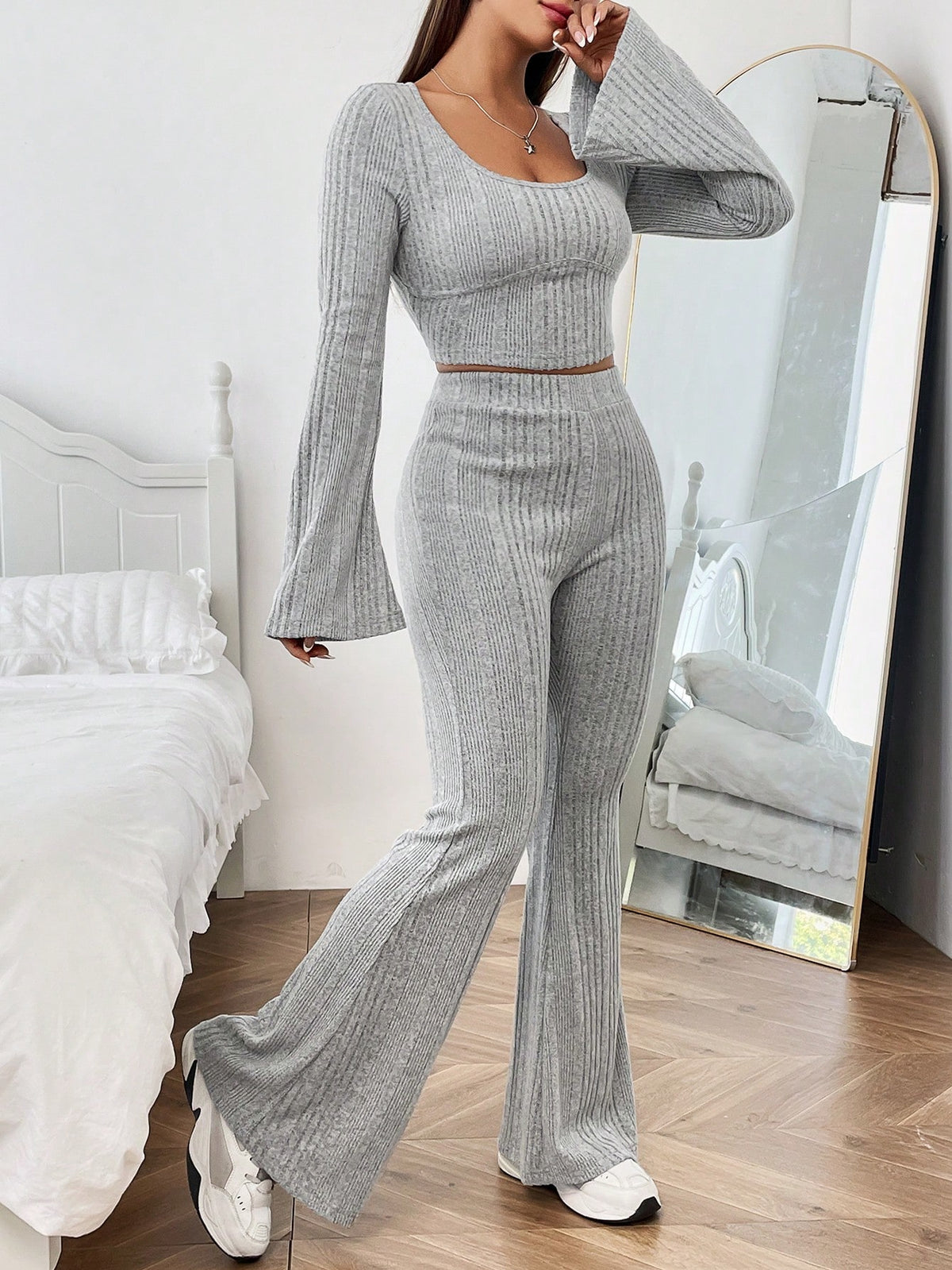 Women's Ribbed Flare Sleeve T-shirt And Flared Pants Set