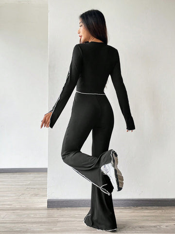 Women's Round Neck Long Sleeve And Long Pants Set