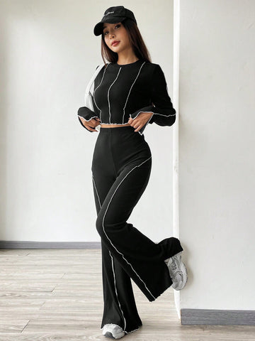 Women's Round Neck Long Sleeve And Long Pants Set