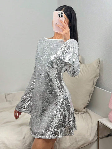 Women's Round Neck Long Sleeve Fancy Backless Sequin Party Mini Dress