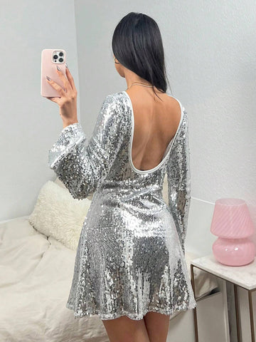 Women's Round Neck Long Sleeve Fancy Backless Sequin Party Mini Dress