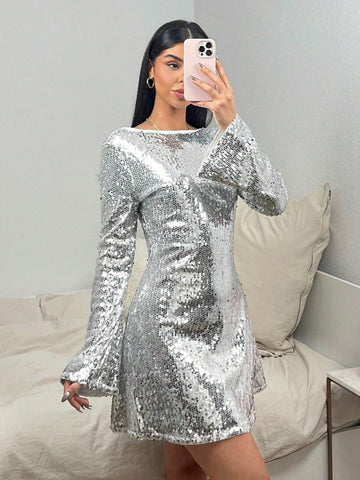Women's Round Neck Long Sleeve Fancy Backless Sequin Party Mini Dress