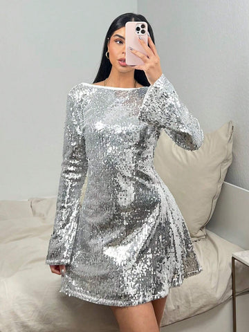 Women's Round Neck Long Sleeve Fancy Backless Sequin Party Mini Dress