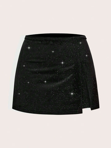 EZwear Women's Ruched Slit Hem Shiny Velvet Palazzo Pants