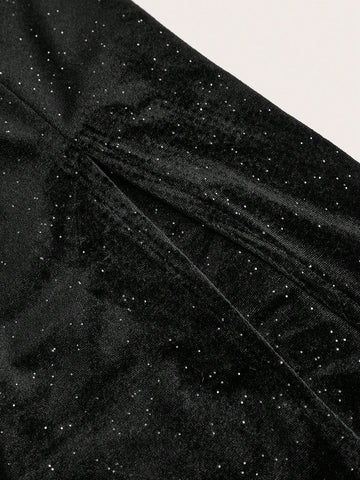 EZwear Women's Ruched Slit Hem Shiny Velvet Palazzo Pants