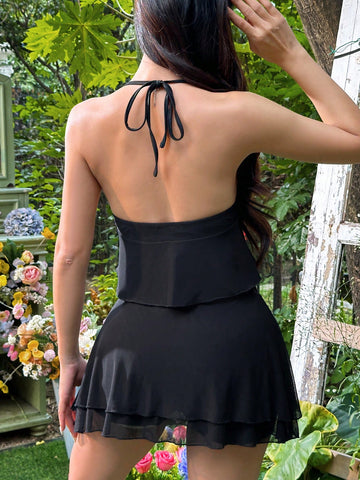 Women's Ruffle Hem Halter Neck Tank Top And Skirt Set