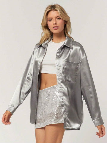 EZwear Women's Satin Dolman Sleeve Loose Solid Color Blouse