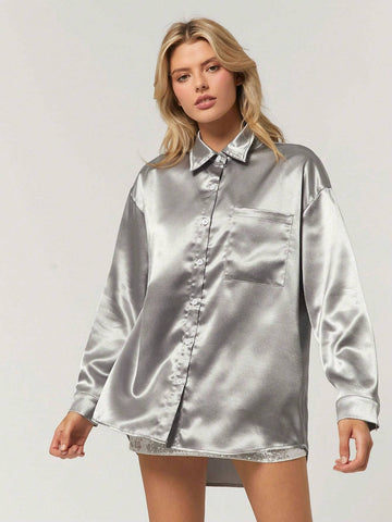 EZwear Women's Satin Dolman Sleeve Loose Solid Color Blouse