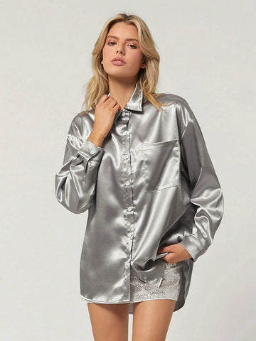 EZwear Women's Satin Dolman Sleeve Loose Solid Color Blouse