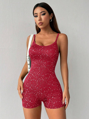 Women's Shiny Summer Fashion Spaghetti Strap Bodycon Romper