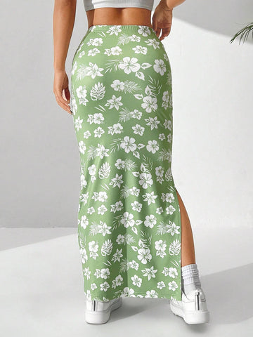 EZwear Women's Simple Daily Floral Printed Split Hem Skirt