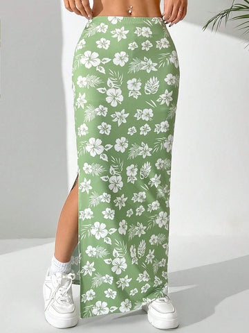 EZwear Women's Simple Daily Floral Printed Split Hem Skirt